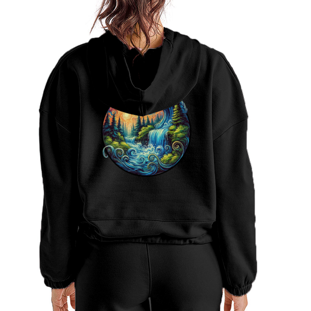 Women’s Waterfall Graphic Cropped Hoodie with Logo - black