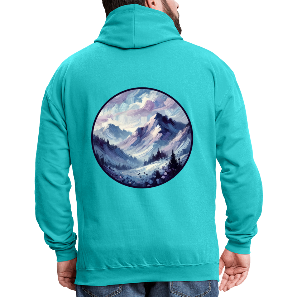 Lavender Blue Mountain Range Graphic Unisex Contrast Hoodie with Logo - scuba blue/asphalt