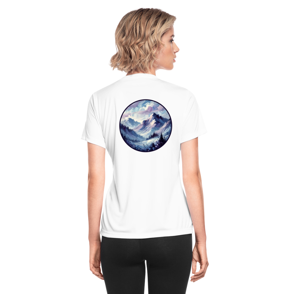 Women's Lavender Blue Mountain Range Graphic Moisture Wicking Performance T-Shirt with Logo - white