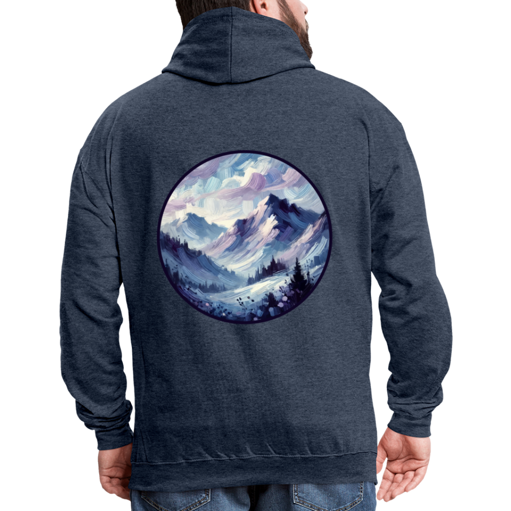 Lavender Blue Mountain Range Graphic Unisex Contrast Hoodie with Logo - indigo heather/asphalt