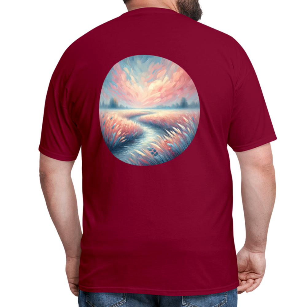 River Meadow Graphic Unisex Classic T-Shirt with Logo - burgundy