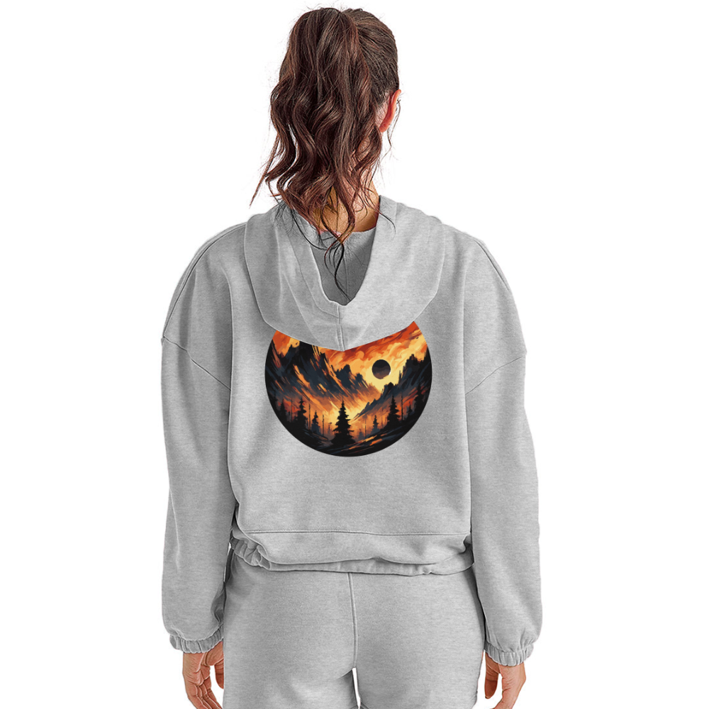 Women’s Brushed Orange and Black Mountain Range Graphic Cropped Hoodie with Logo - heather gray