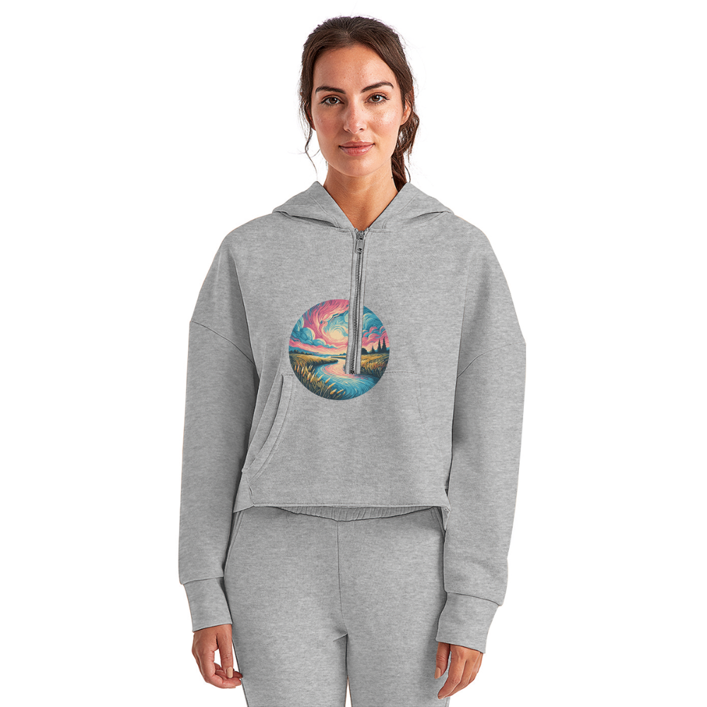 Women's River Pink and Blue Sky Graphic Half Zip Cropped Hoodie with Logo - heather gray