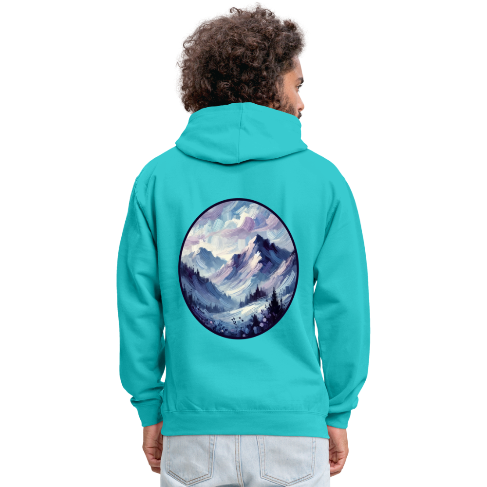 Lavender Blue Mountain Range Graphic Unisex Contrast Hoodie with Logo - scuba blue/asphalt