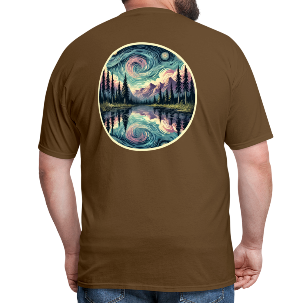 Purple Swirling Sky Reflected on Lake Graphic Unisex Classic T-Shirt with Logo - brown