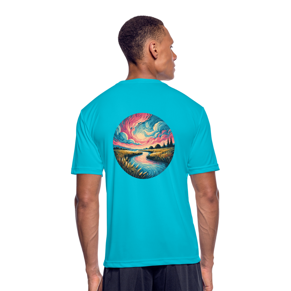 Men’s River Pink and Blue Sky Graphic Moisture Wicking Performance T-Shirt with Logo - turquoise