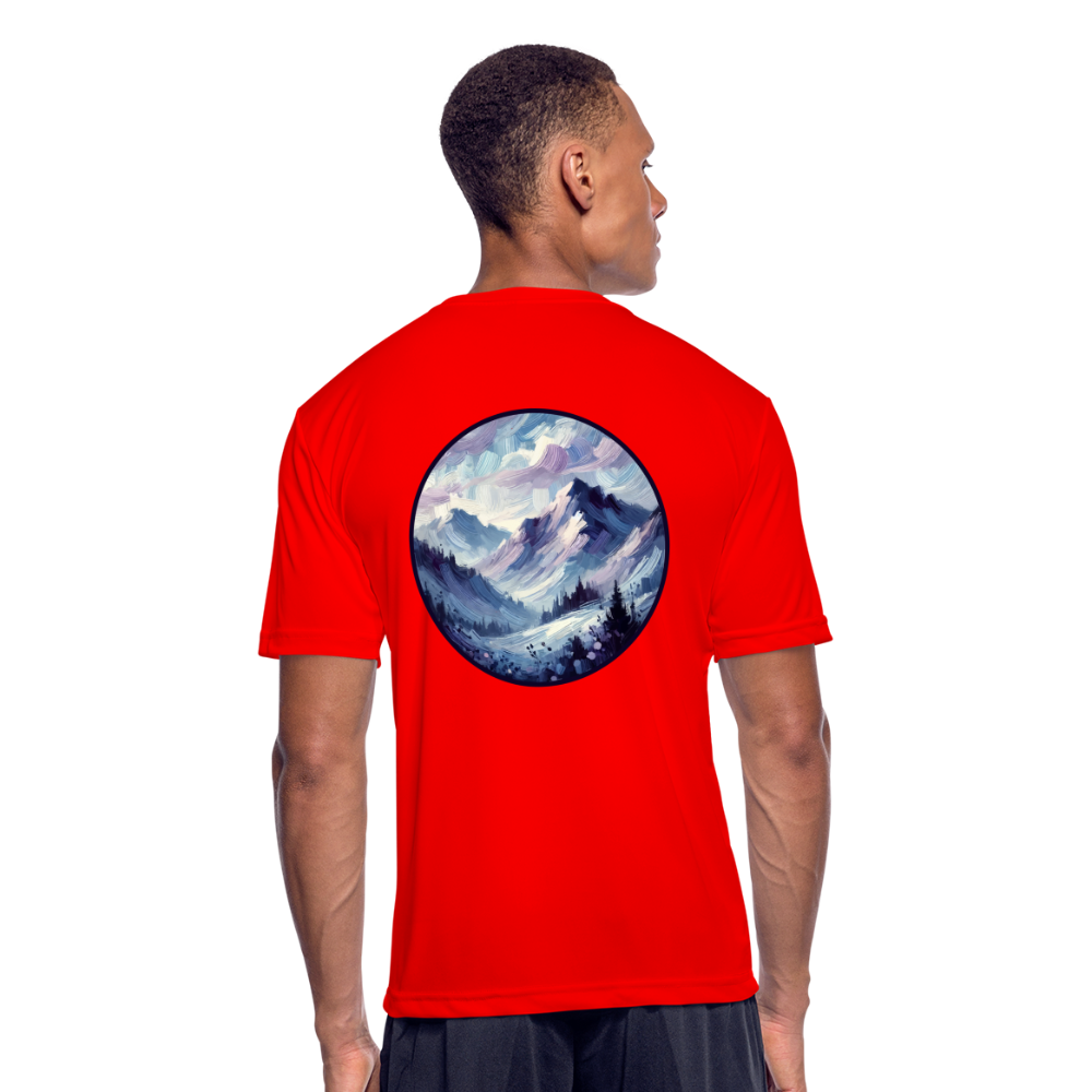 Men’s Lavender Blue Mountain Range Graphic Moisture Wicking Performance T-Shirt with Logo - red