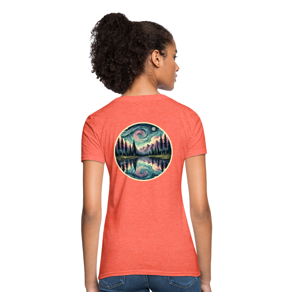 Women's Purple Swirling Sky Reflected on Lake Graphic T-Shirt with Logo - heather coral