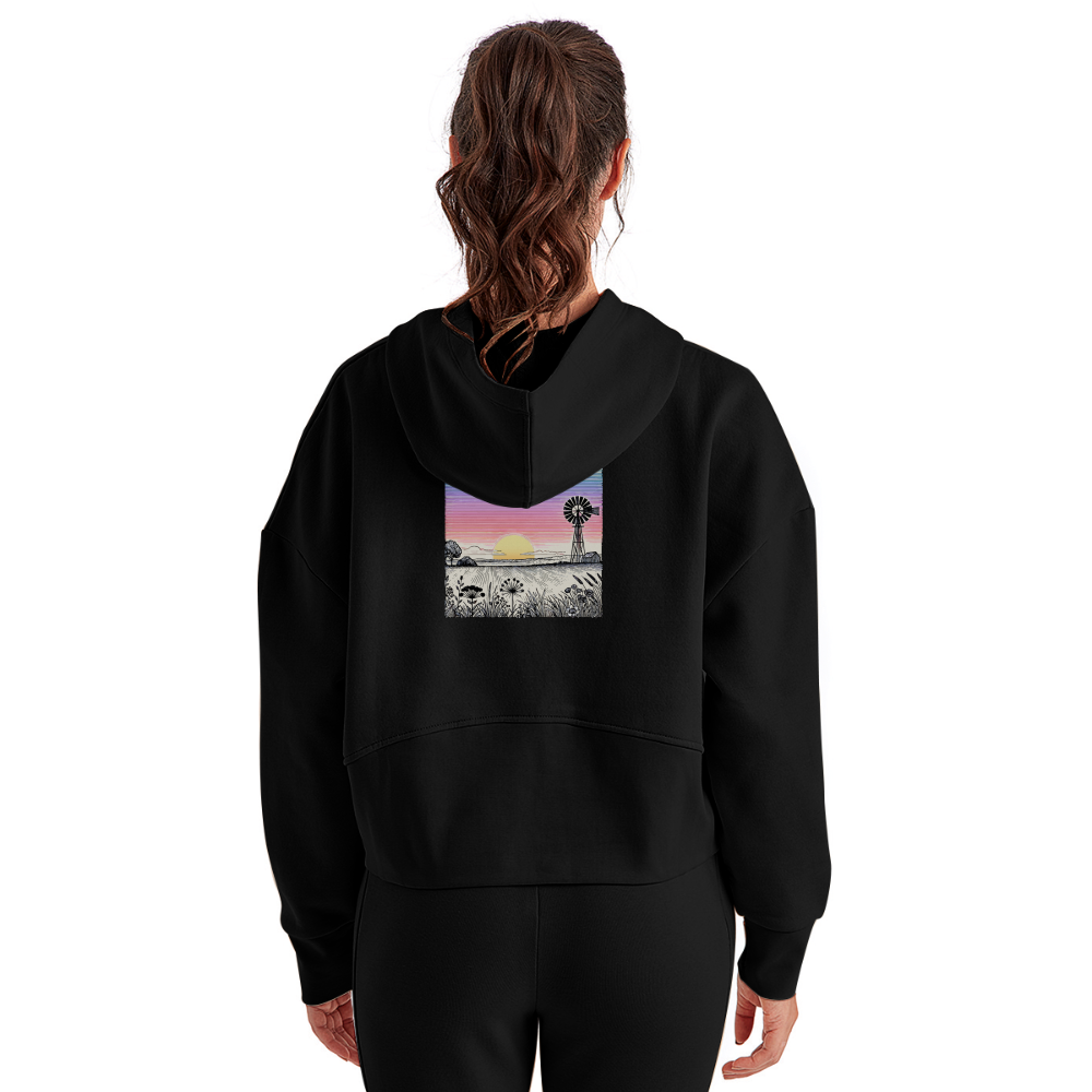 Women's Colored Prairie Landscape Graphic Half Zip Cropped Hoodie with Logo - black