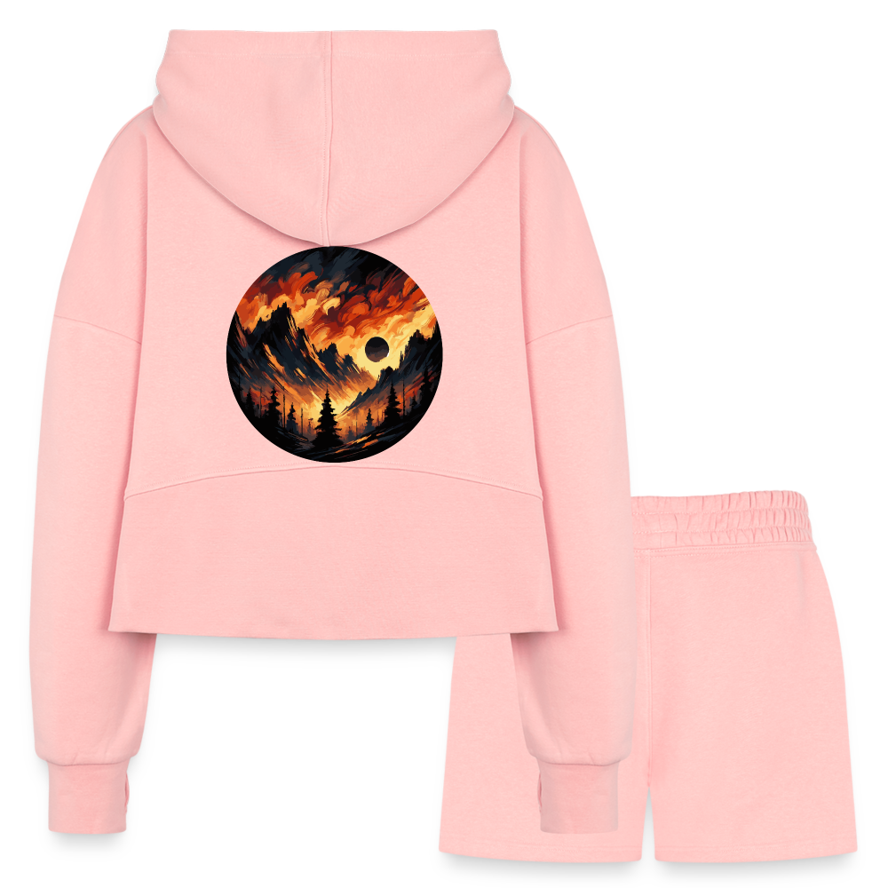 Women’s Brushed Orange and Black Mountain Range Graphic Half Zip Cropped Hoodie & Jogger Short Set with Logo - light pink