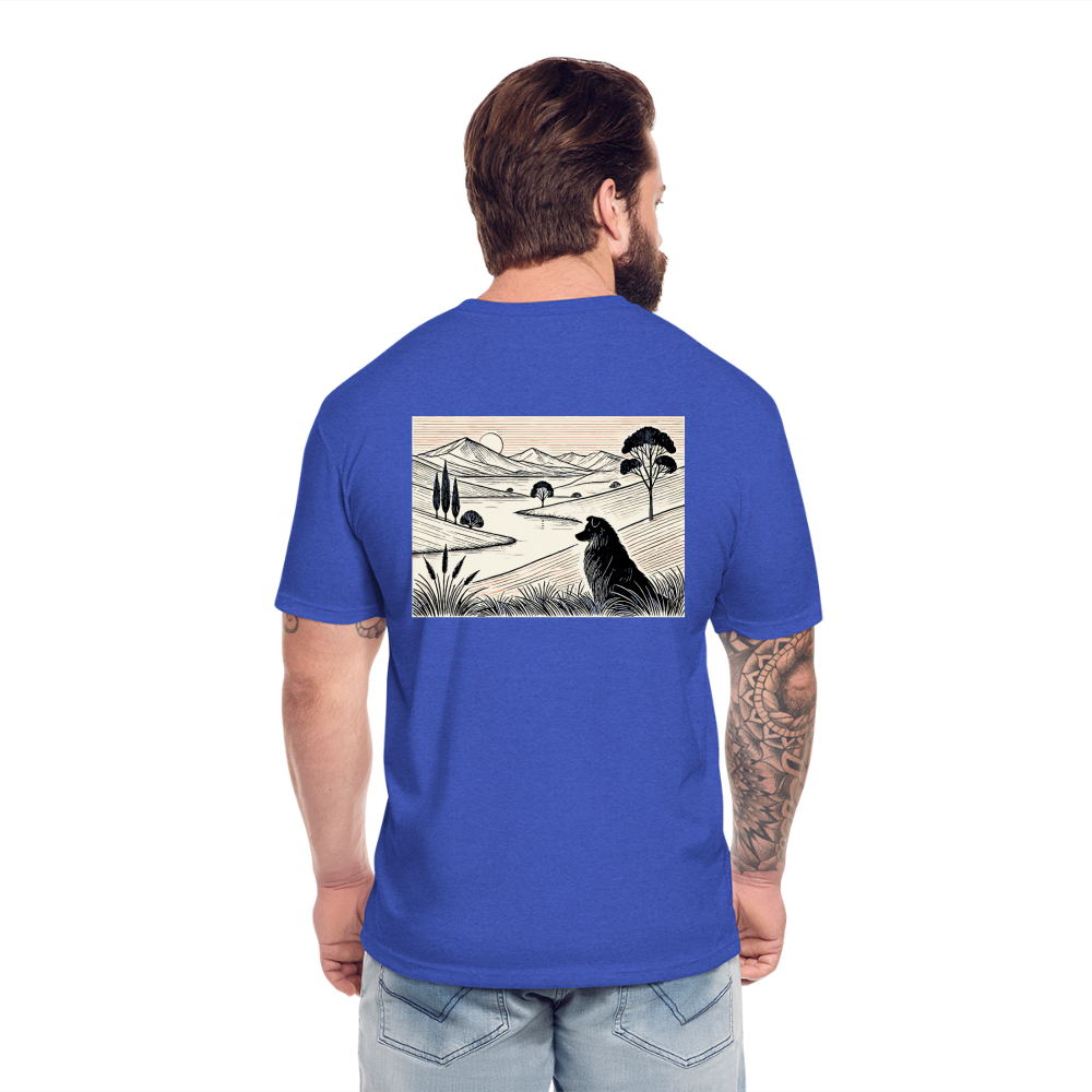 Australian Shepherd Prairie Graphic Unisex Fitted Cotton/Poly T-Shirt with Logo - heather royal