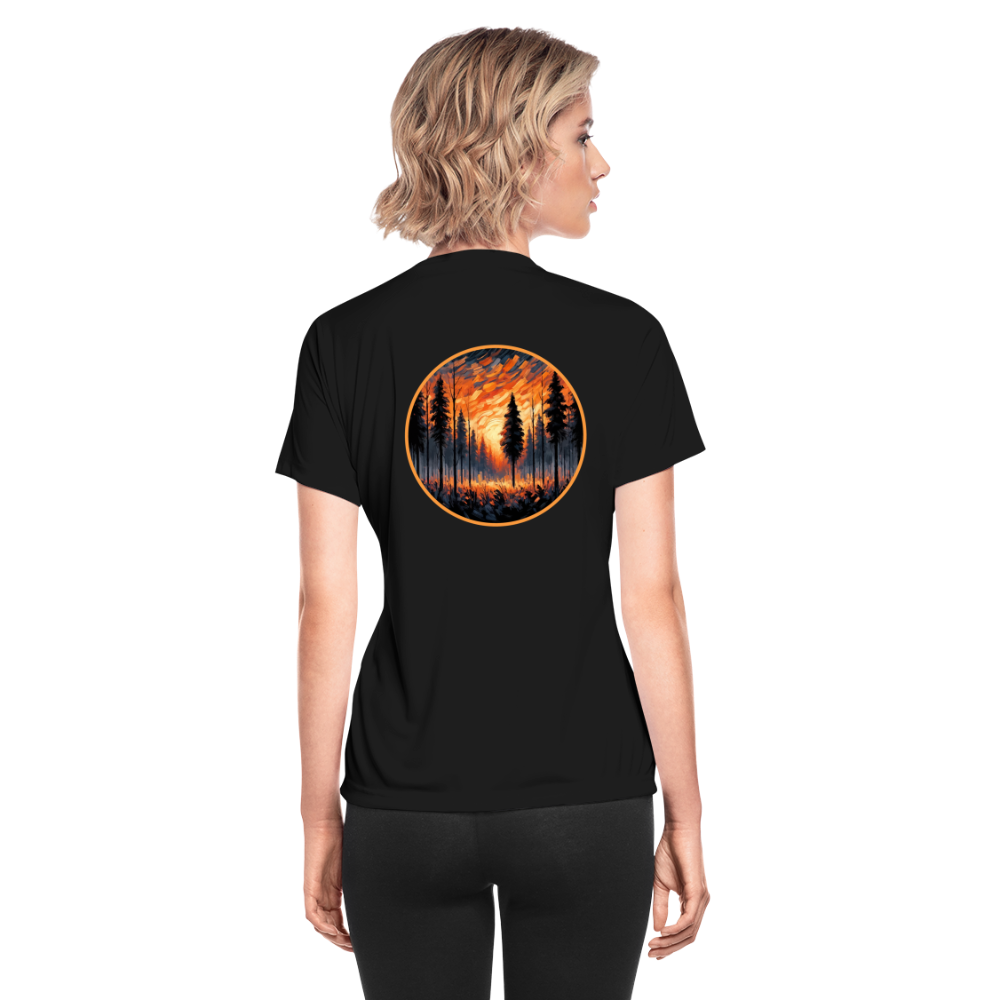 Women's Orange Forest Sunset Graphic Moisture Wicking Performance T-Shirt with Logo - black