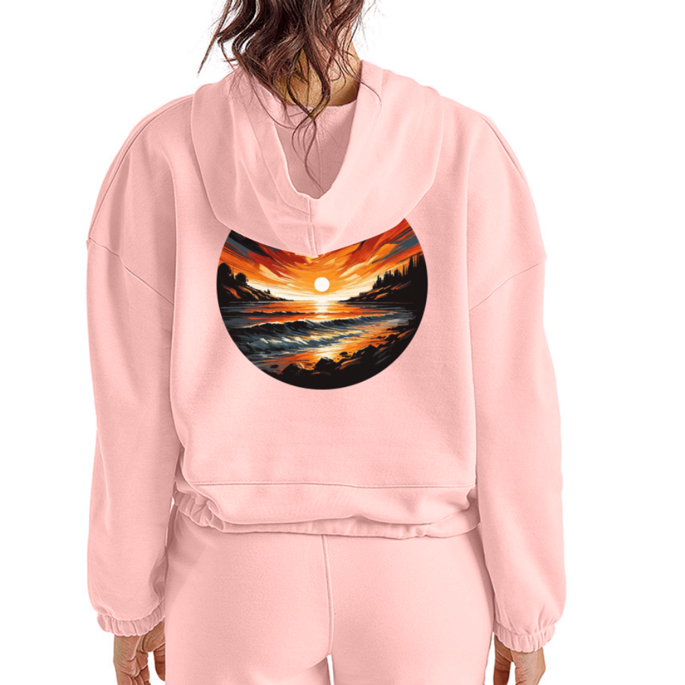 Women’s Beach Sunset Graphic Cropped Hoodie with Logo - light pink