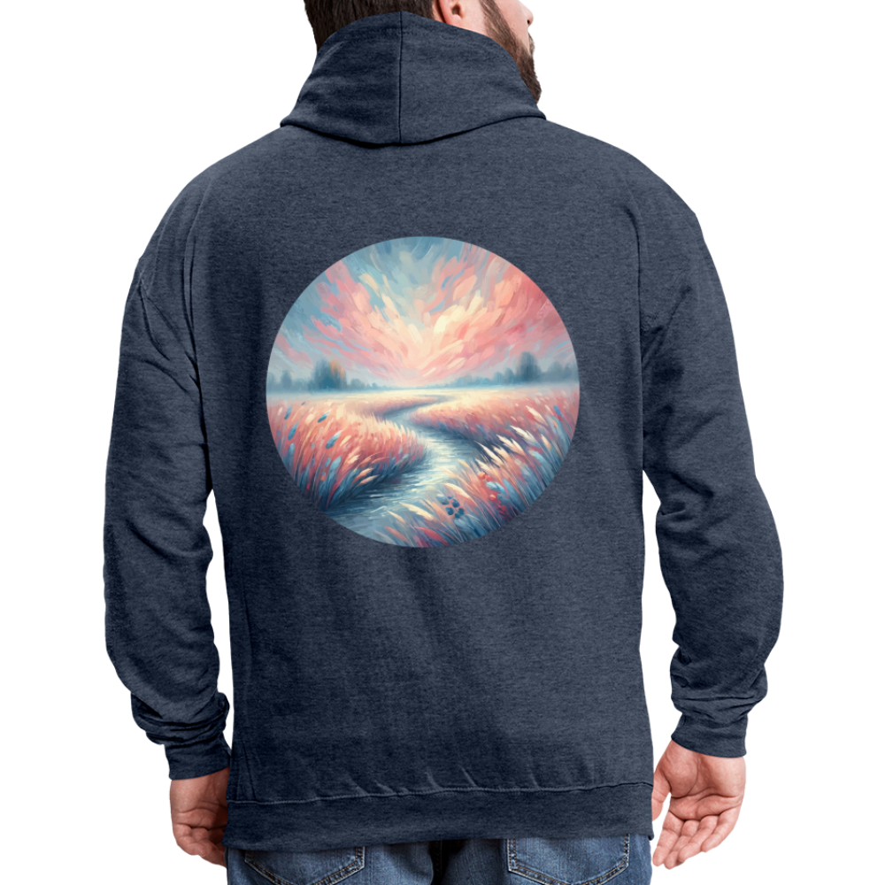 River Meadow Graphic Unisex Contrast Hoodie with Logo - indigo heather/asphalt