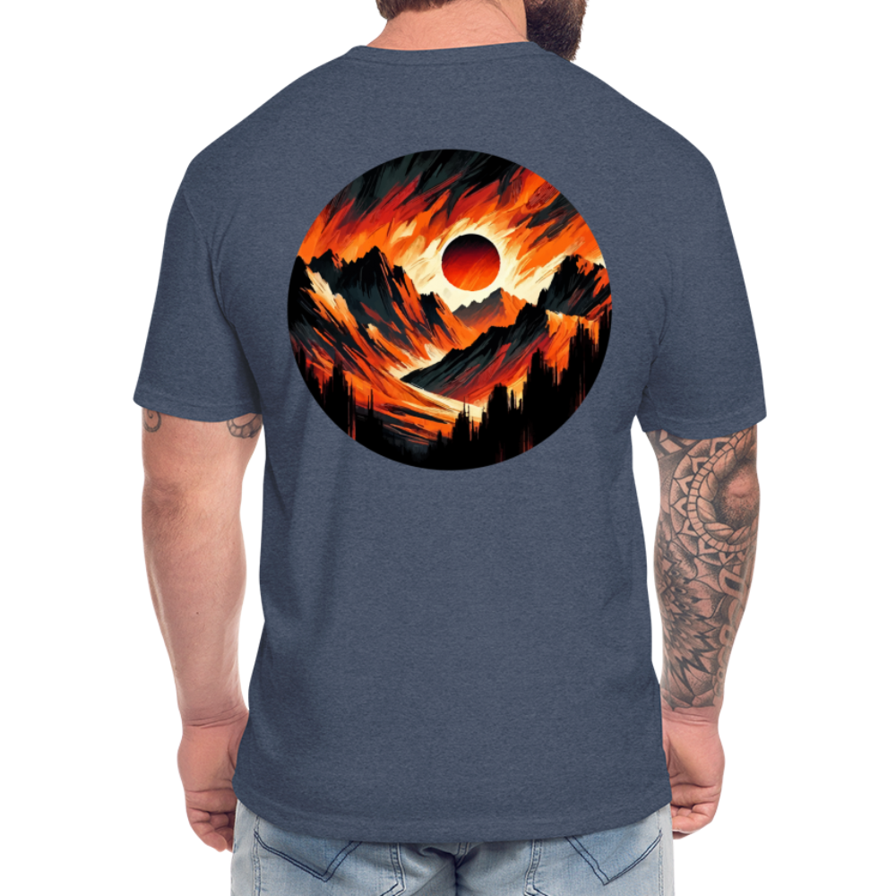 Orange and Black Mountain Range Graphic Unisex Fitted Cotton/Poly T-Shirt with Logo - heather navy