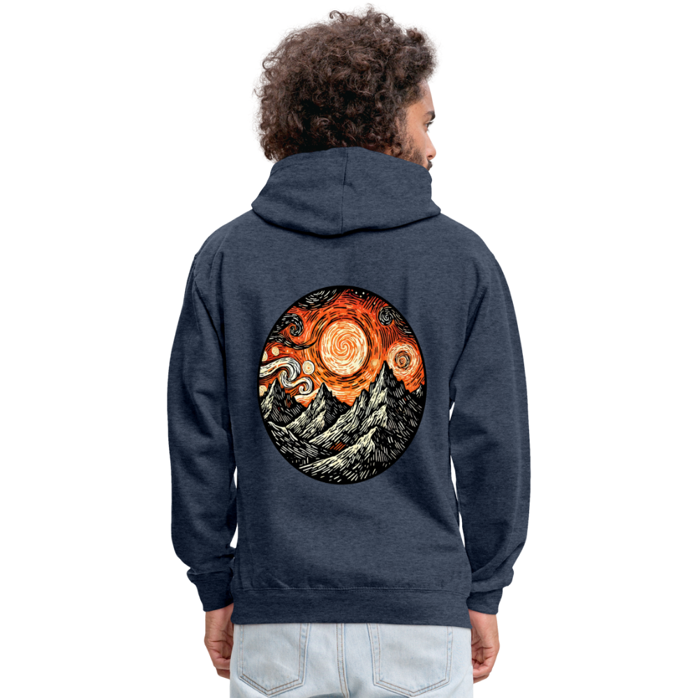 Orange Swirling Mountains Graphic Unisex Contrast Hoodie with Logo - indigo heather/asphalt