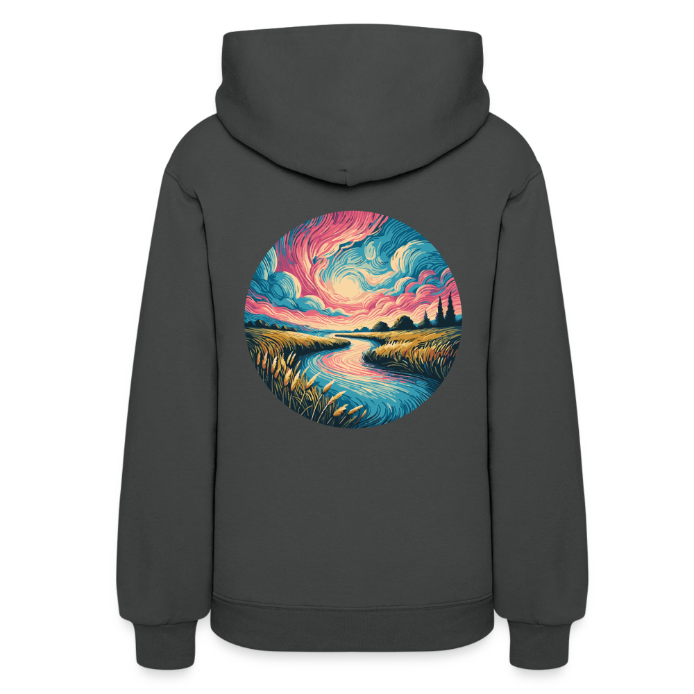 Women's River Pink and Blue Sky Graphic Hoodie with Logo - asphalt