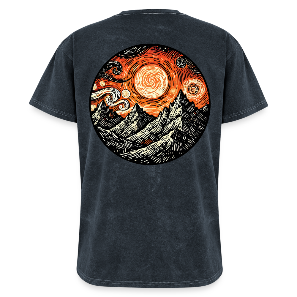 Orange Swirling Mountains Graphic Unisex Mineral Wash T-shirt with Logo - mineral navy