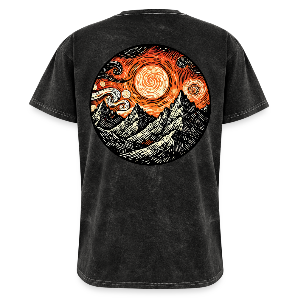 Orange Swirling Mountains Graphic Unisex Mineral Wash T-shirt with Logo - mineral black