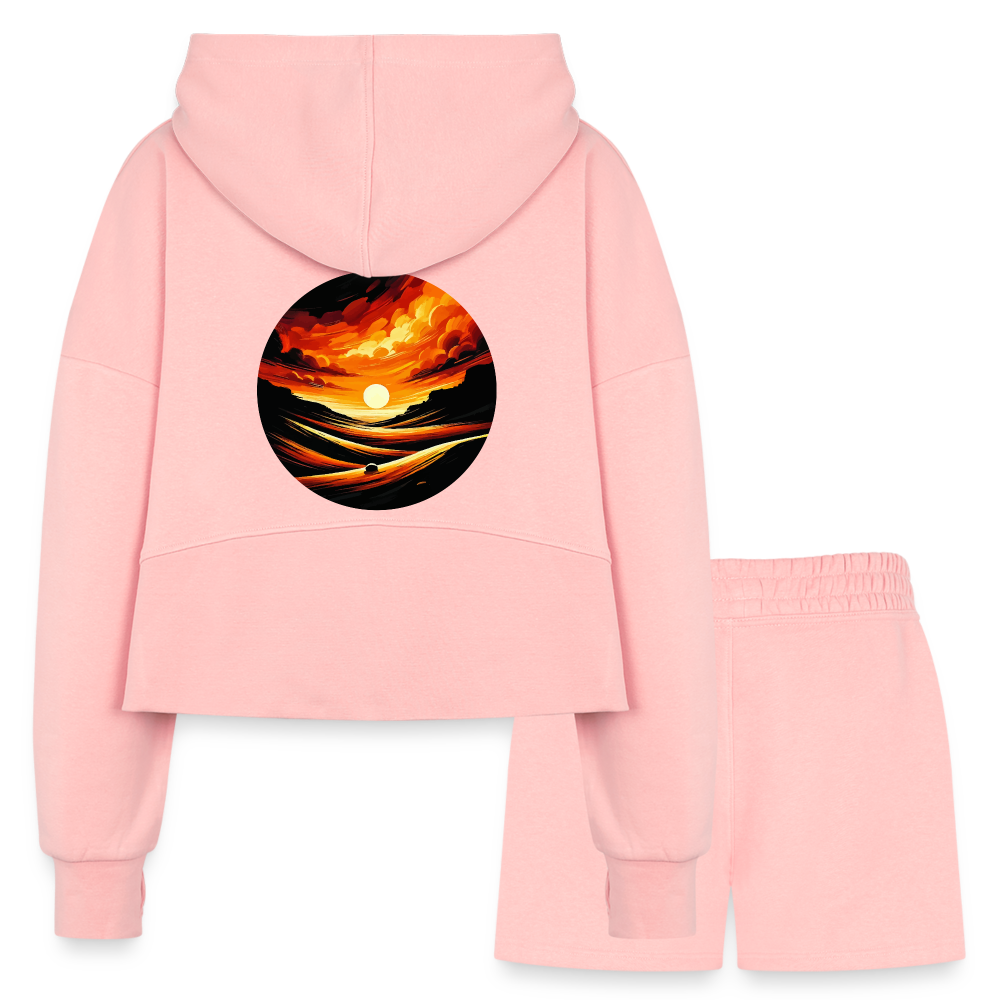 Women’s Desert Sunset Graphic Half Zip Cropped Hoodie & Jogger Short Set with Logo - light pink