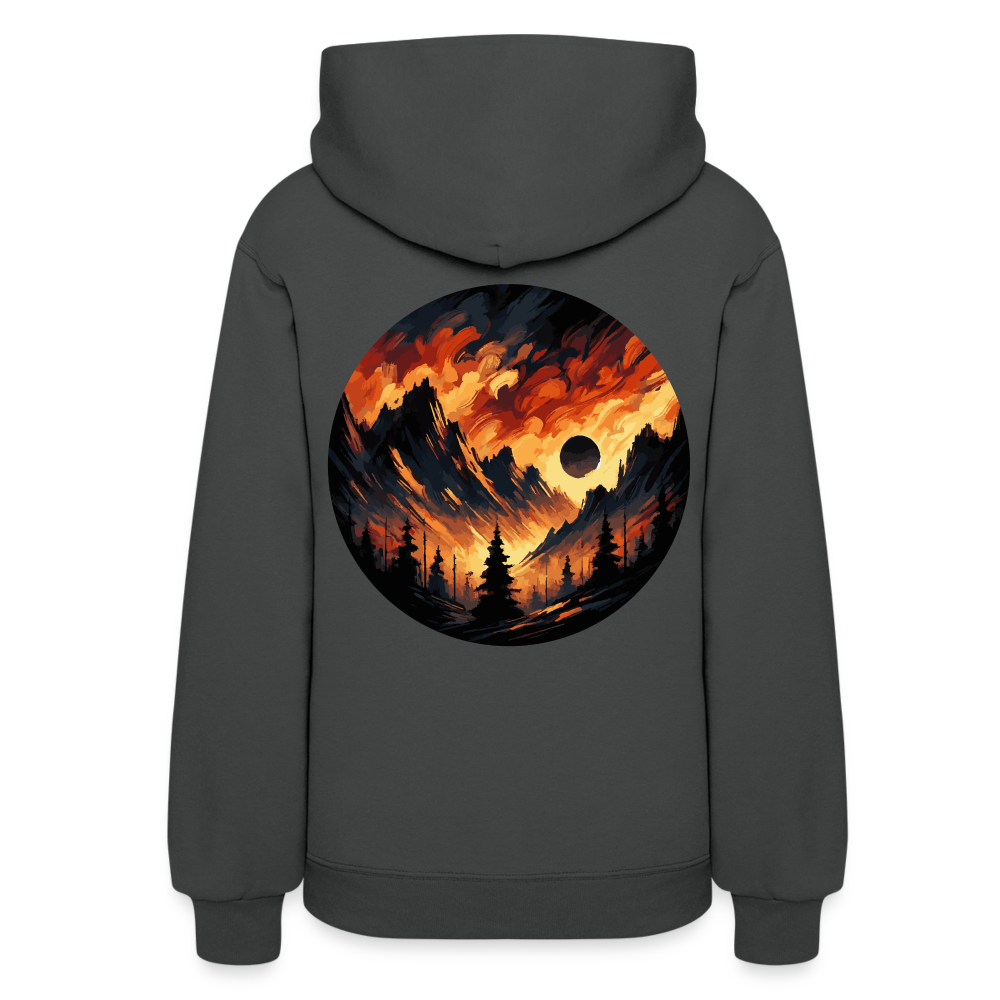 Women's Brushed Orange and Black Mountain Range Graphic Hoodie with Logo - asphalt