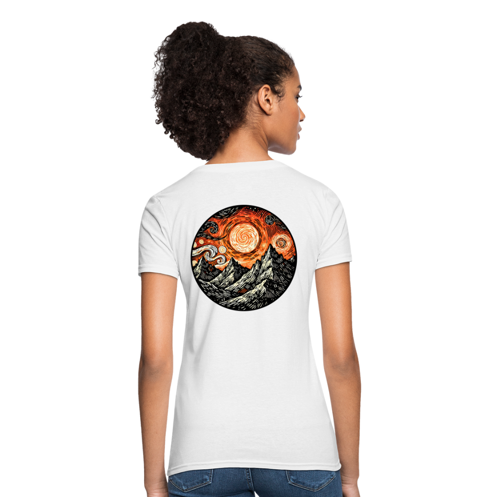 Women's Orange Swirling Mountains Graphic T-Shirt with Logo - white