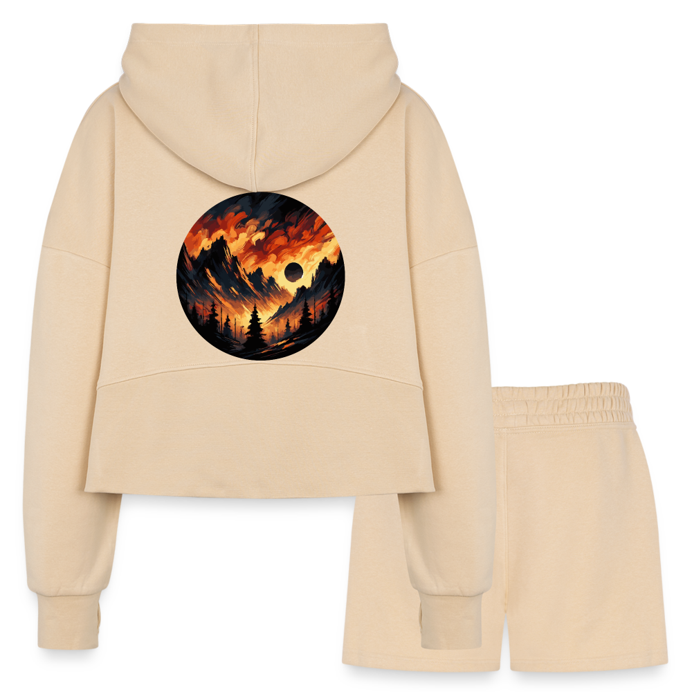 Women’s Brushed Orange and Black Mountain Range Graphic Half Zip Cropped Hoodie & Jogger Short Set with Logo - nude