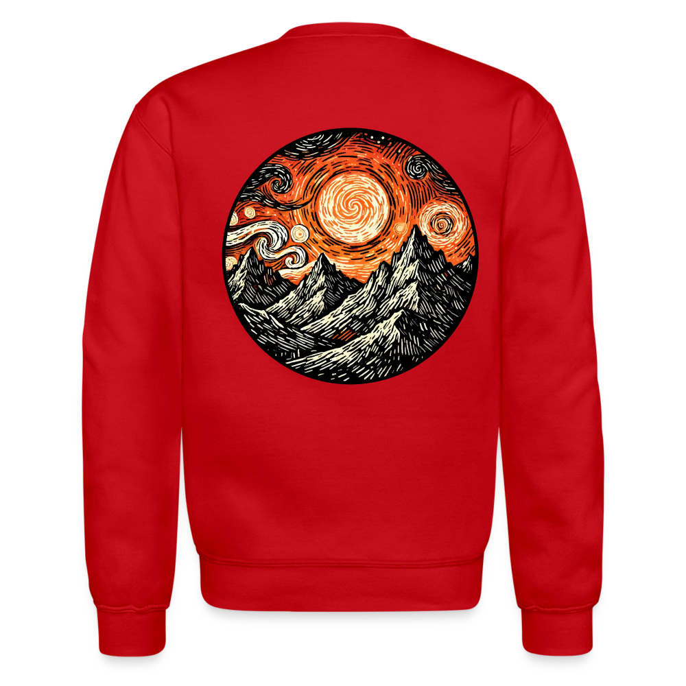 Orange Swirling Mountains Graphic Crewneck Sweatshirt with Logo - red