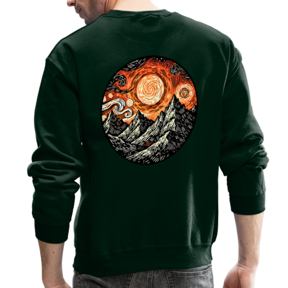 Orange Swirling Mountains Graphic Crewneck Sweatshirt with Logo - forest green