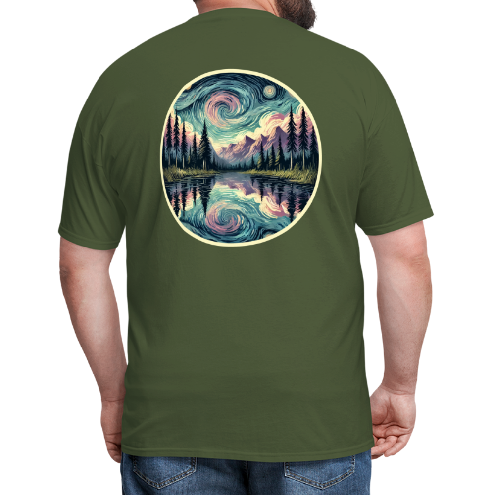 Purple Swirling Sky Reflected on Lake Graphic Unisex Classic T-Shirt with Logo - military green