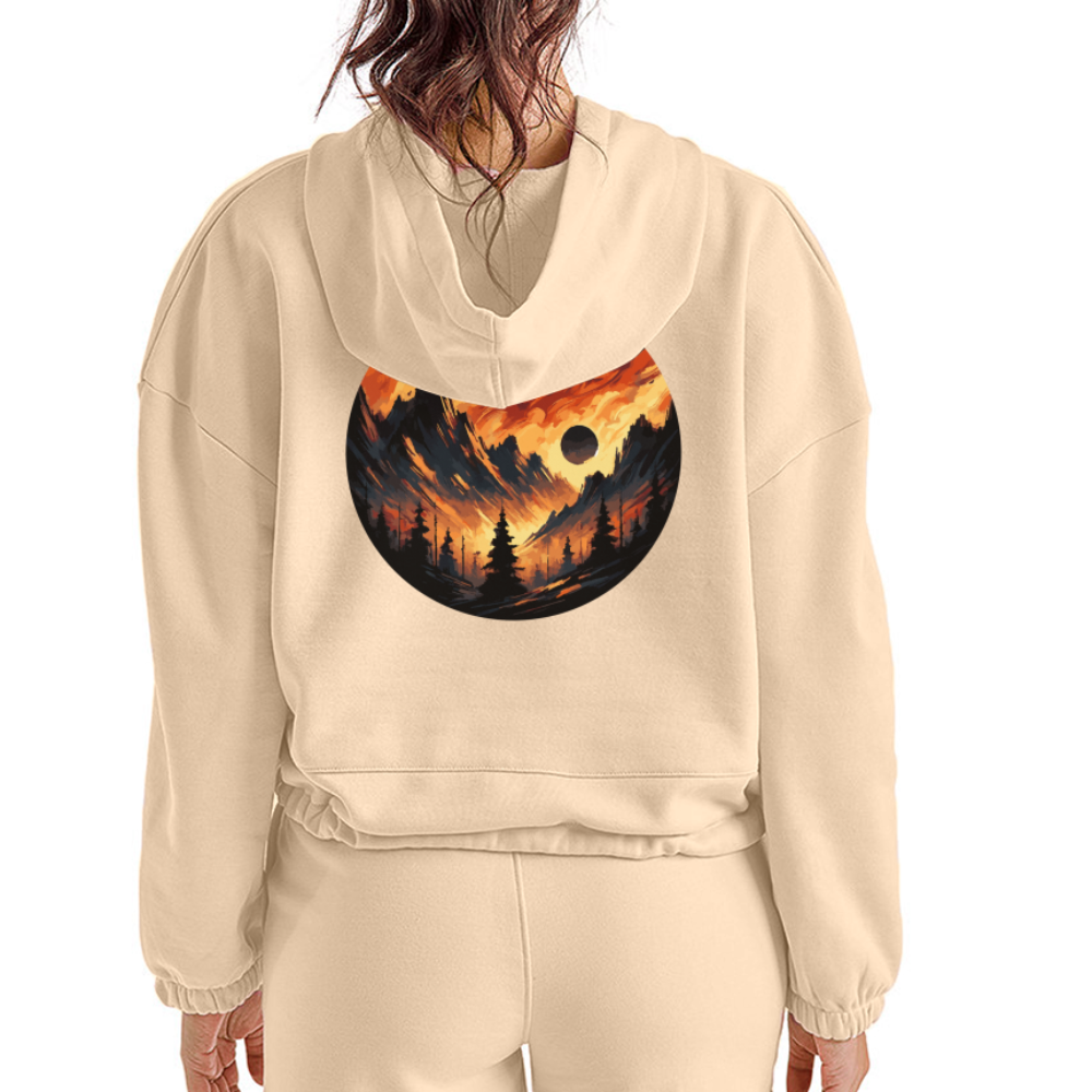 Women’s Brushed Orange and Black Mountain Range Graphic Cropped Hoodie with Logo - nude