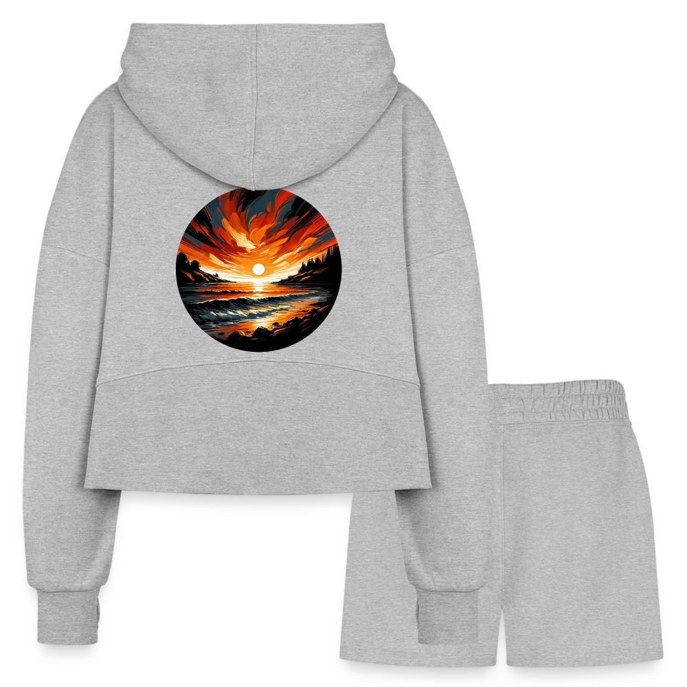 Women’s Beach Sunset Graphic Half Zip Cropped Hoodie & Jogger Short Set with Logo - heather gray