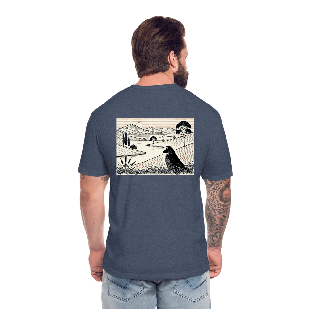 Australian Shepherd Prairie Graphic Unisex Fitted Cotton/Poly T-Shirt with Logo - heather navy