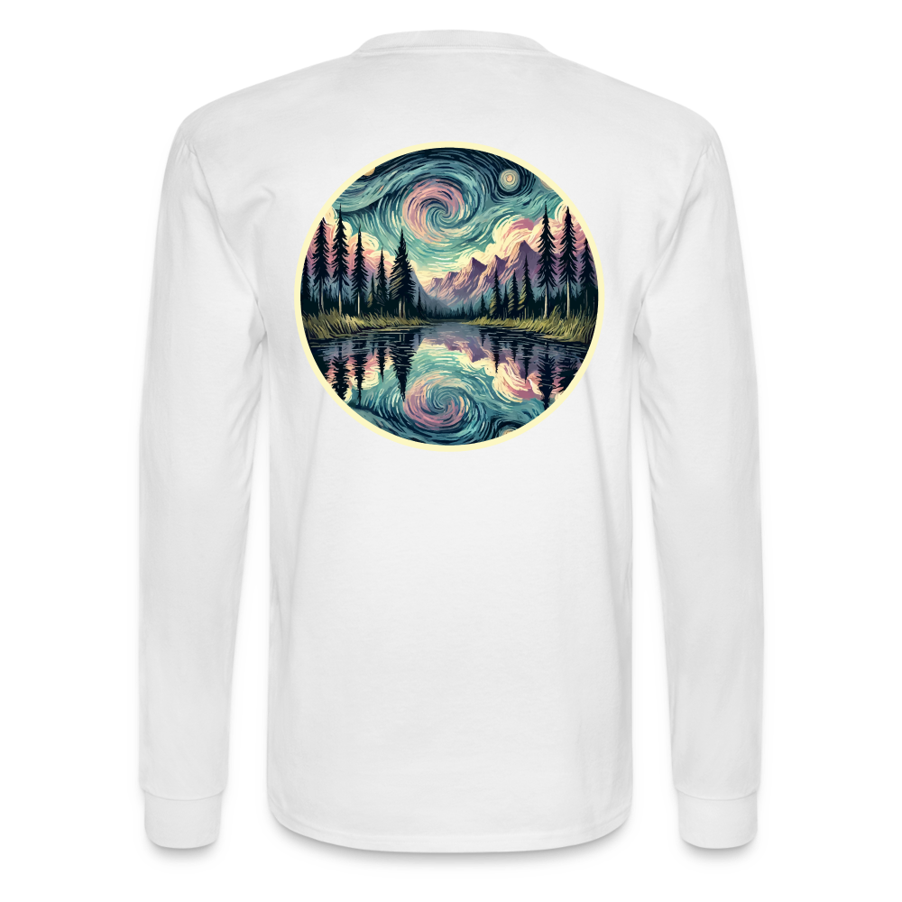 Men's Purple Swirling Sky Reflected on Lake Graphic Long Sleeve Shirt with Logo - white