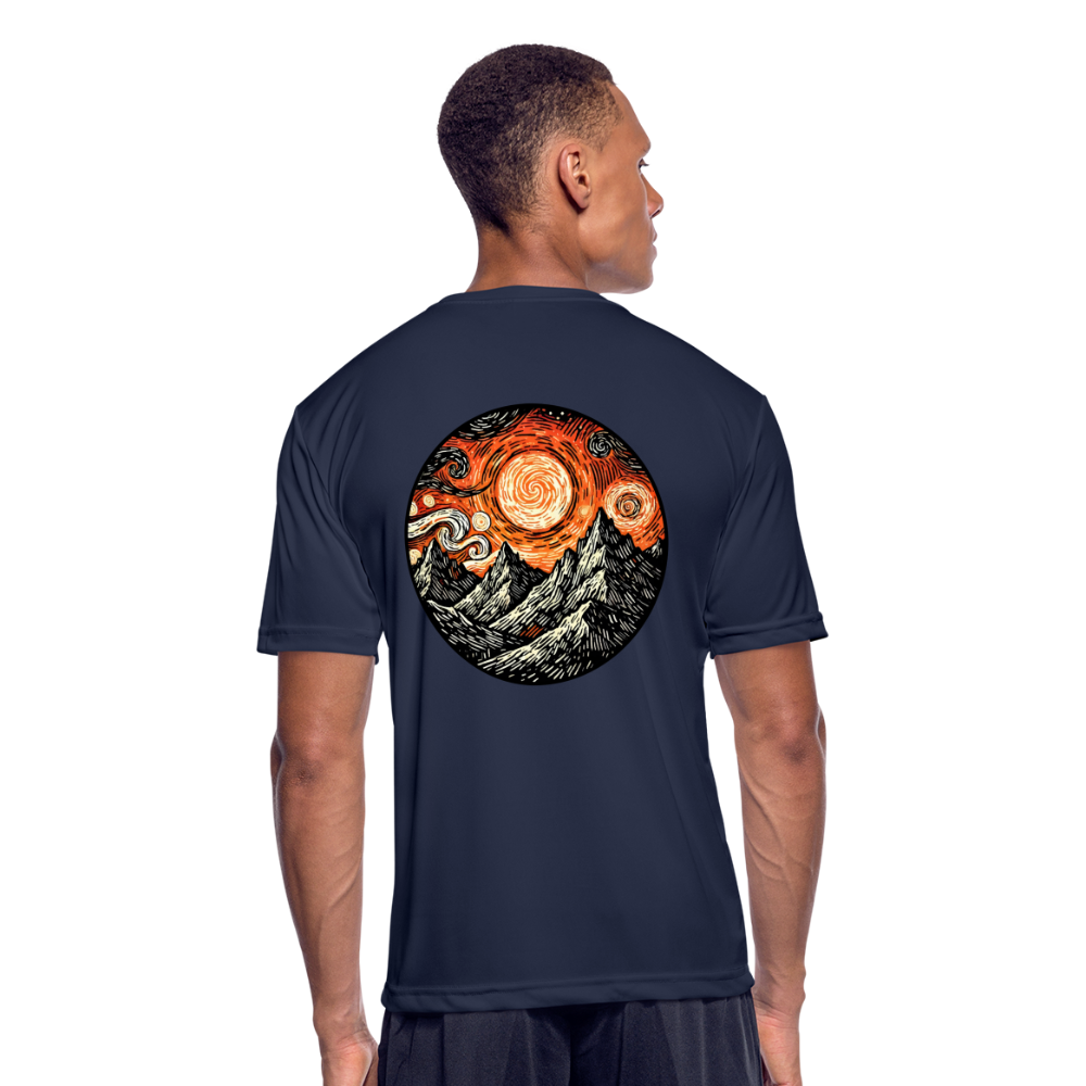 Men’s Orange Swirling Mountains Graphic Moisture Wicking Performance T-Shirt with Logo - navy