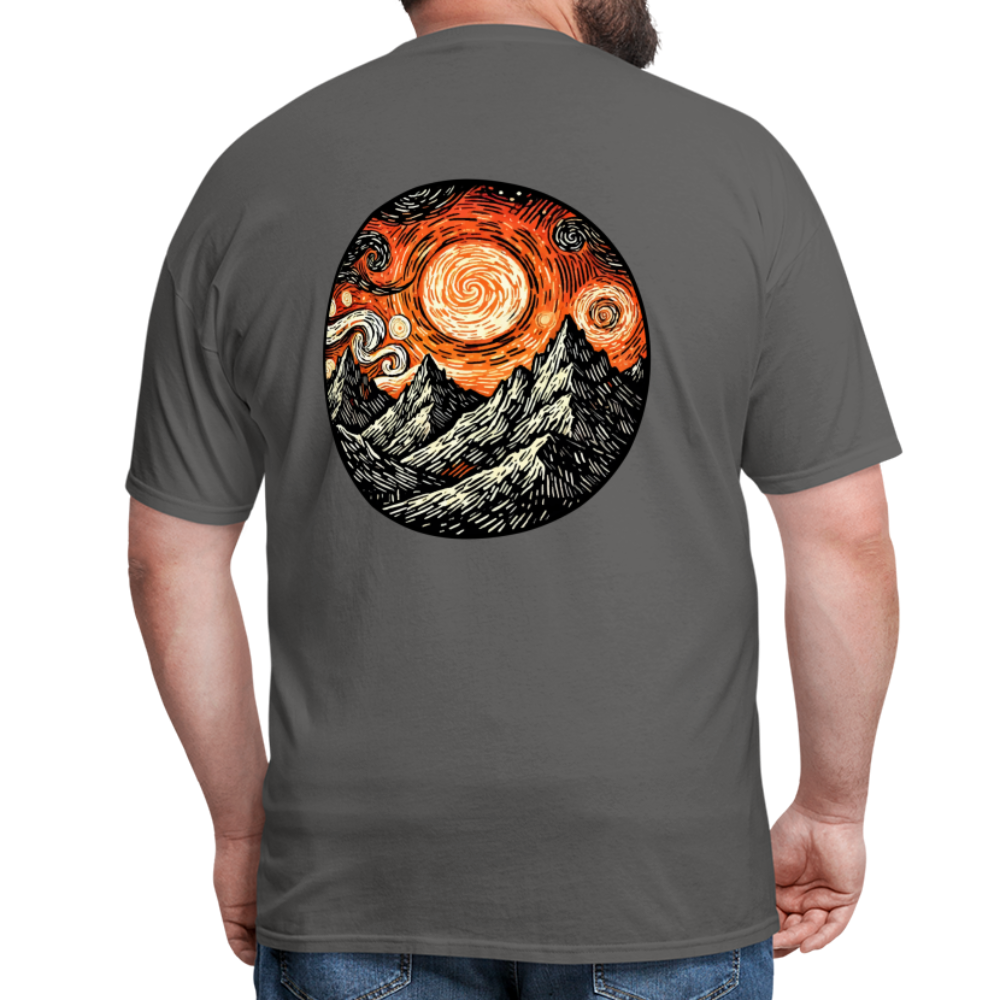 Orange Swirling Mountains Graphic Unisex Classic T-Shirt with Logo - charcoal