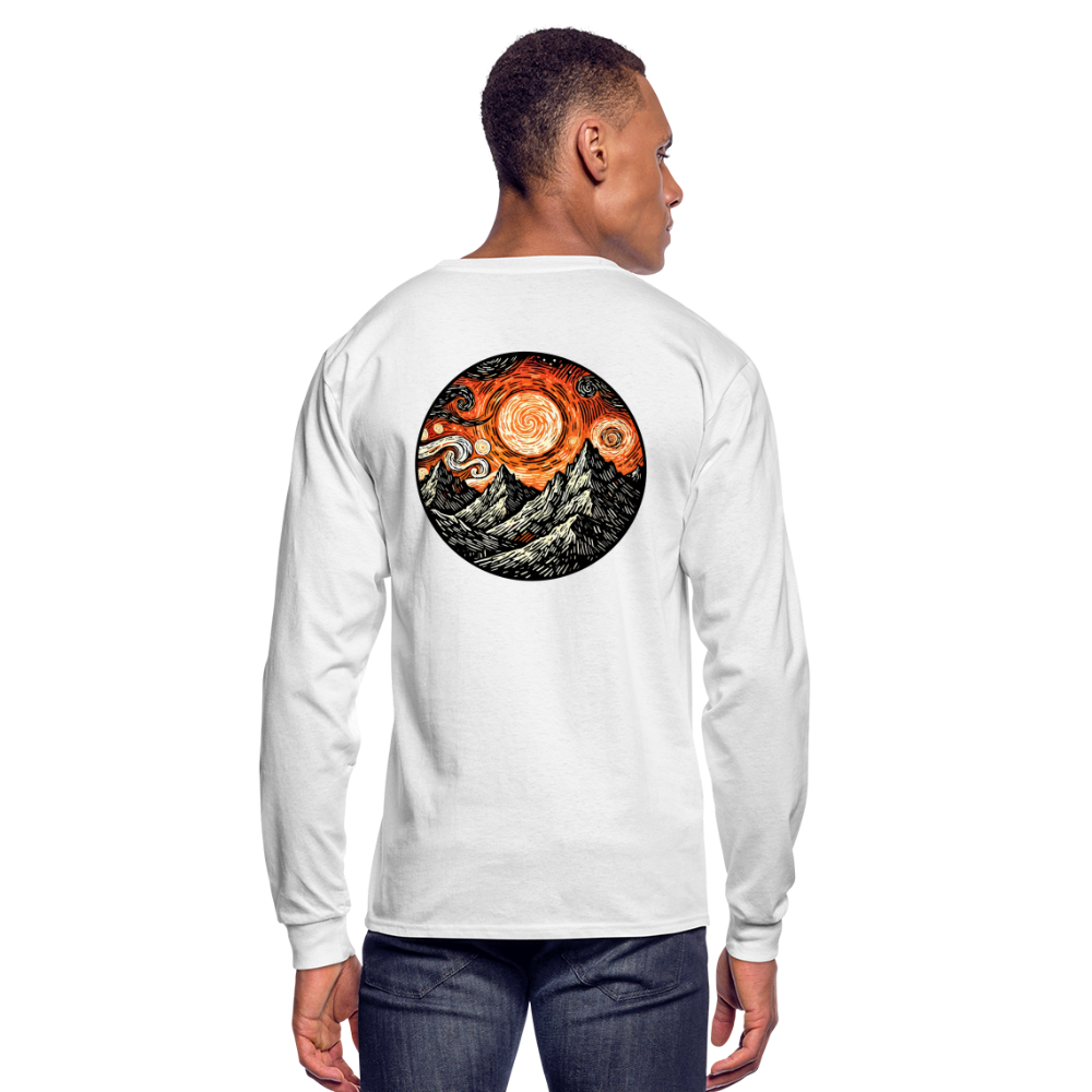 Men's Orange Swirling Mountains Graphic Long Sleeve Shirt with Logo - white