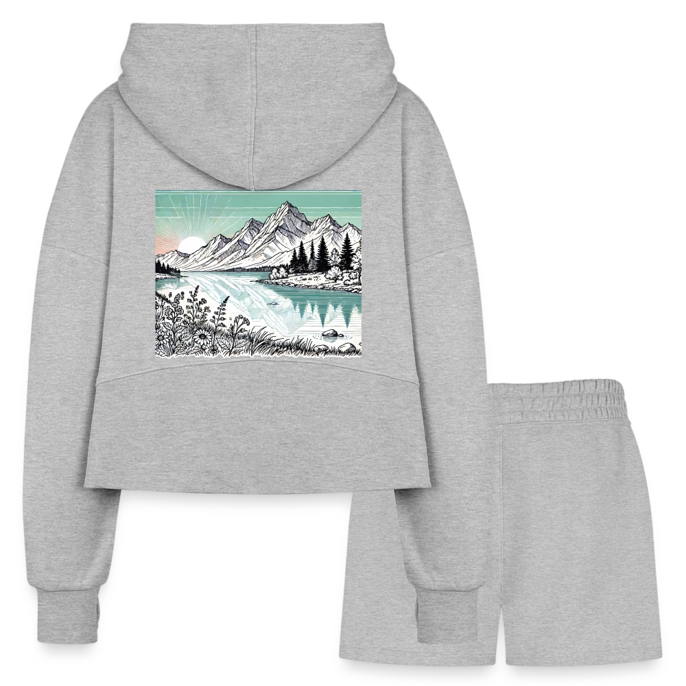 Women’s Colored Mountain Lake Landscape Graphic Half Zip Cropped Hoodie & Jogger Short Set with Logo - heather gray