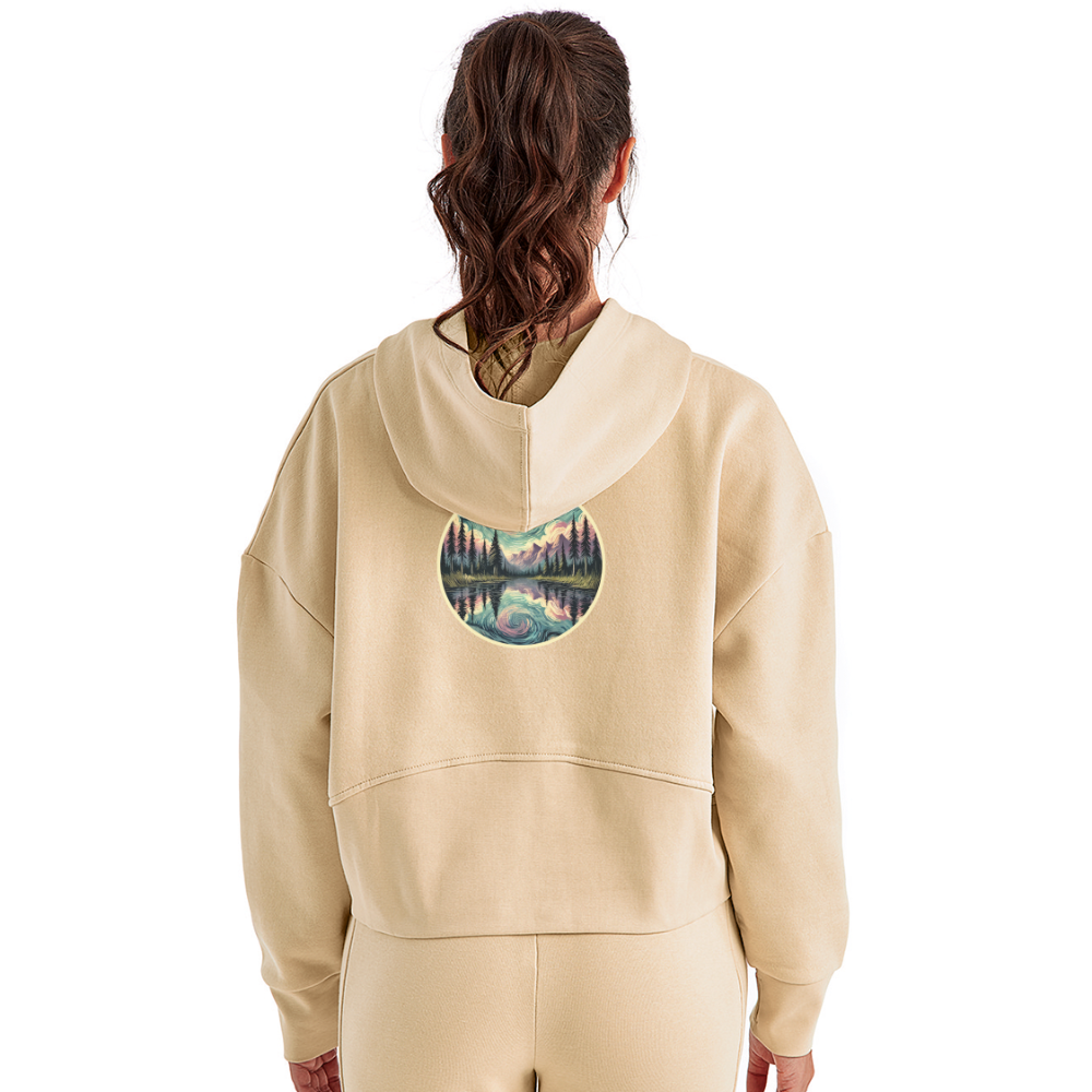 Women's Purple Swirling Sky Reflected on Lake Graphic Half Zip Cropped Hoodie with Logo - nude