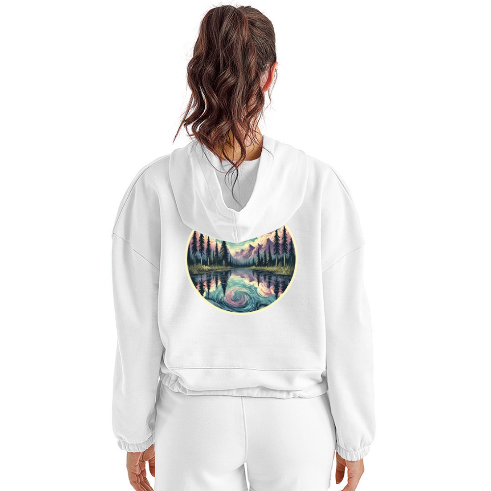 Women’s Purple Swirling Sky Reflected on Lake Graphic Cropped Hoodie with Logo - white