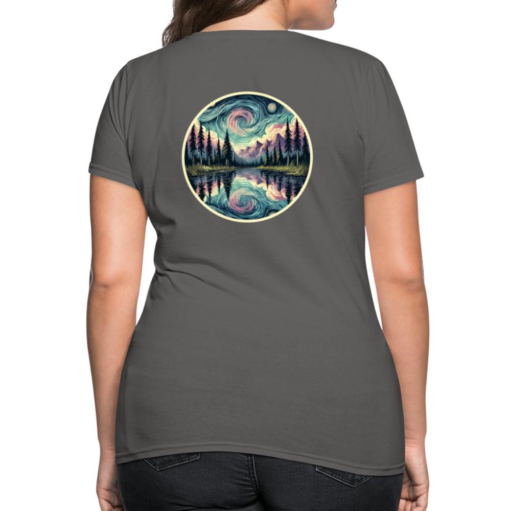 Women's Purple Swirling Sky Reflected on Lake Graphic T-Shirt with Logo - charcoal