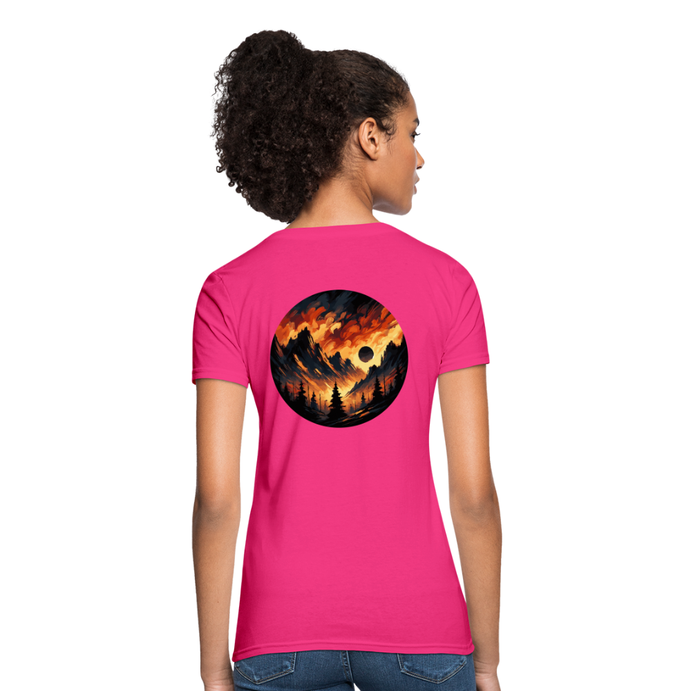 Women's Brushed Orange and Black Mountain Range T-Shirt with Logo - fuchsia