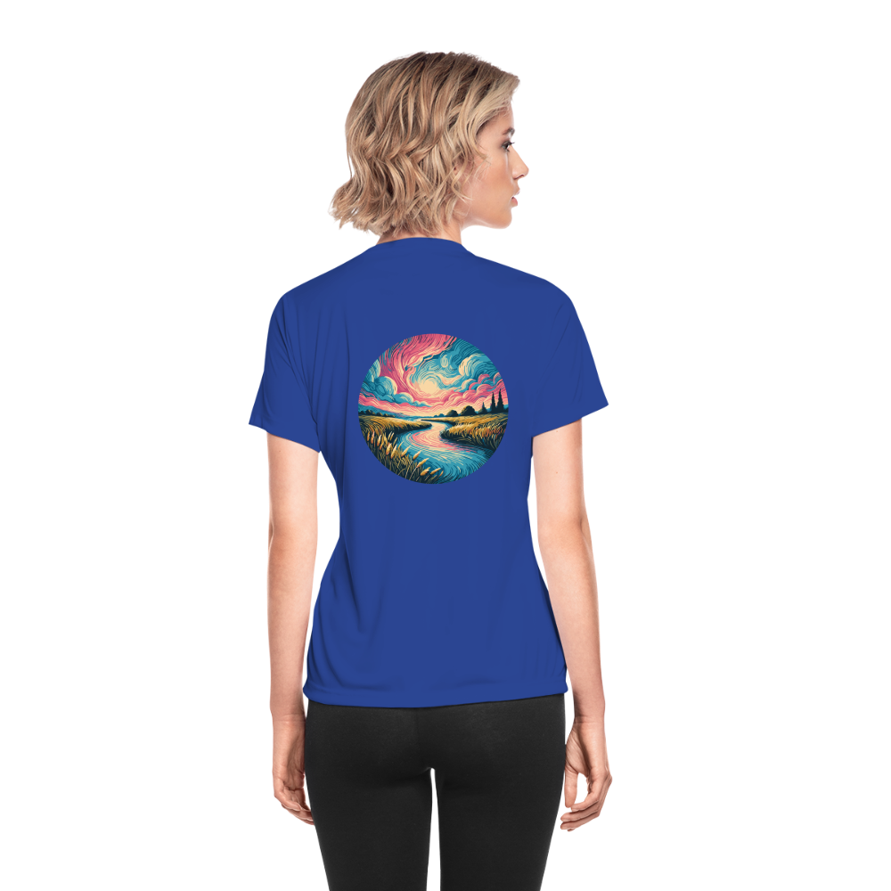 Women's River Pink and Blue Sky Graphic Moisture Wicking Performance T-Shirt with Logo - royal blue