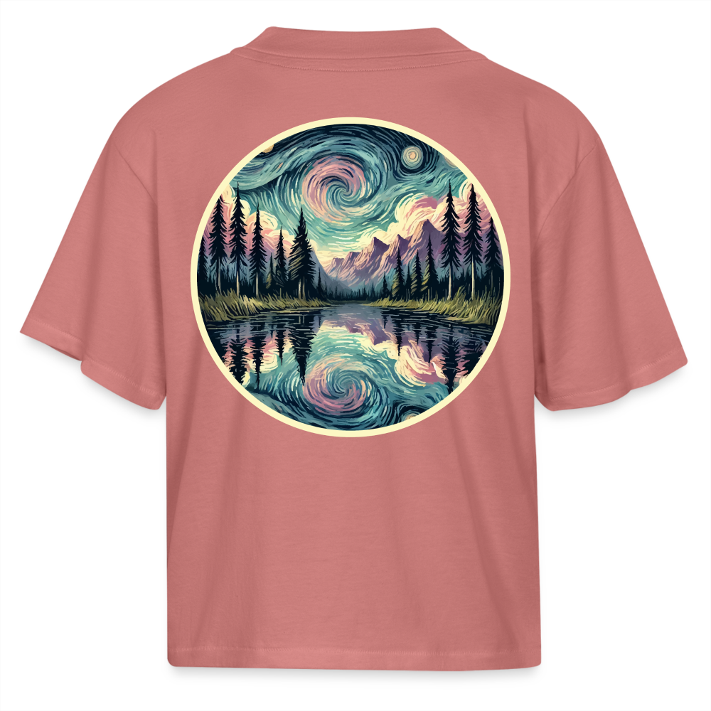 Women's Purple Swirling Sky Reflected on Lake Graphic Boxy Tee with Logo - mauve