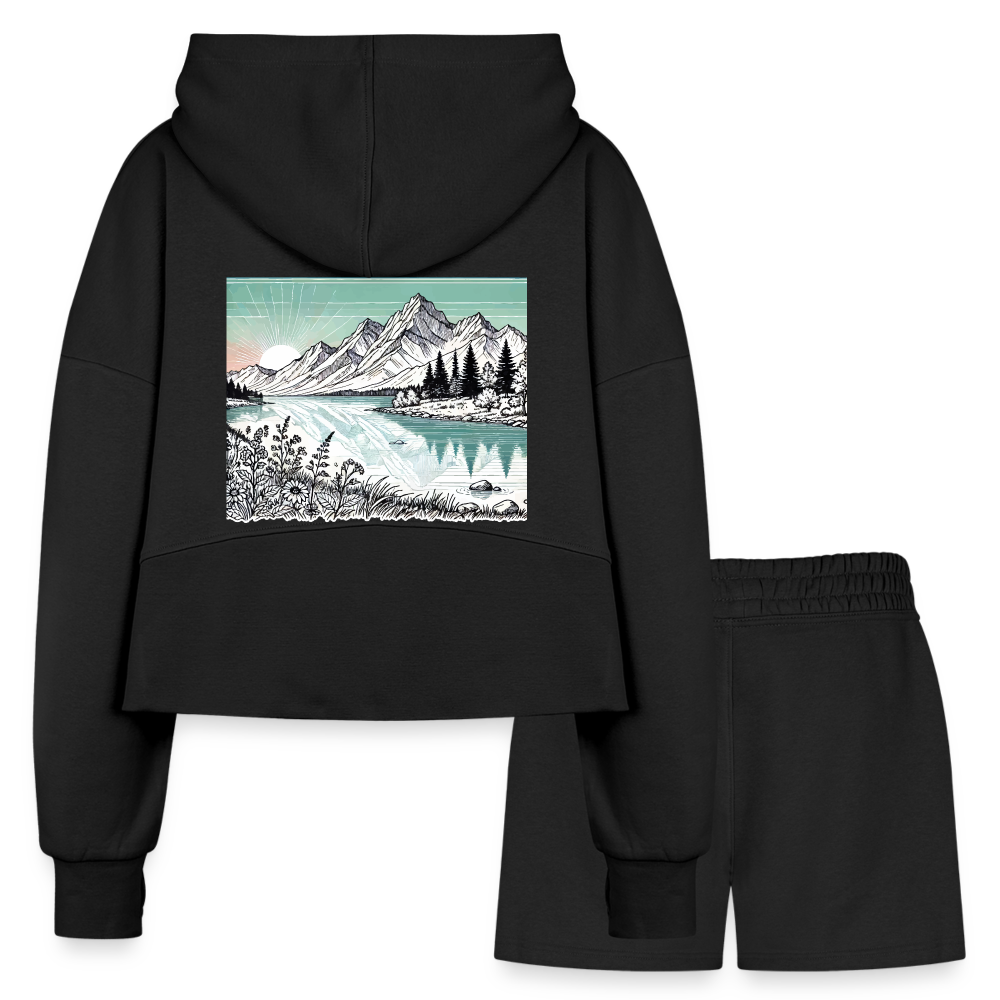 Women’s Colored Mountain Lake Landscape Graphic Half Zip Cropped Hoodie & Jogger Short Set with Logo - black