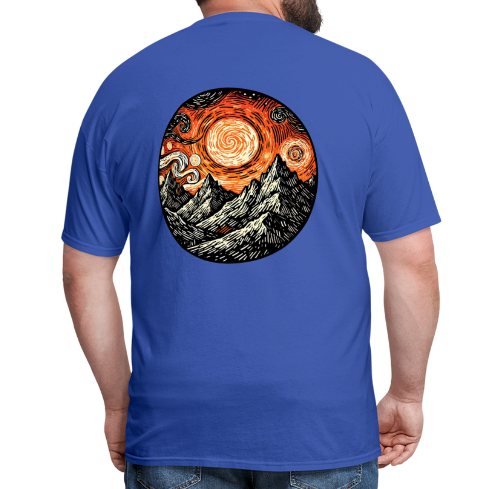 Orange Swirling Mountains Graphic Unisex Classic T-Shirt with Logo - royal blue