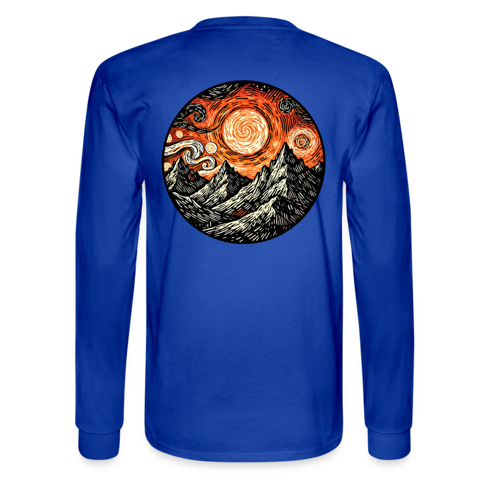 Men's Orange Swirling Mountains Graphic Long Sleeve Shirt with Logo - royal blue