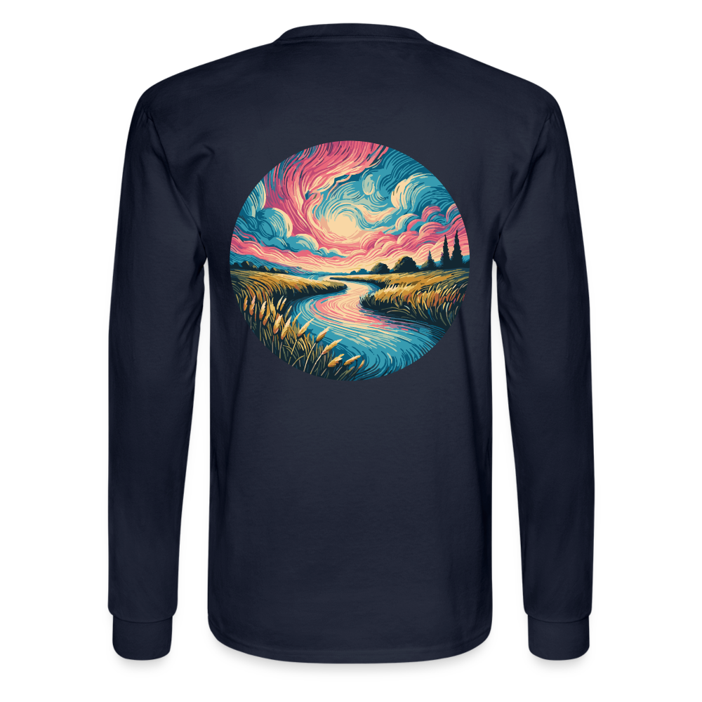 Men's River Pink and Blue Sky Graphic Long Sleeve Shirt with Logo - navy