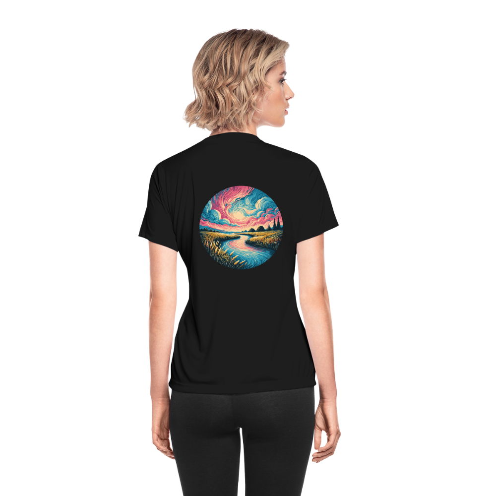 Women's River Pink and Blue Sky Graphic Moisture Wicking Performance T-Shirt with Logo - black