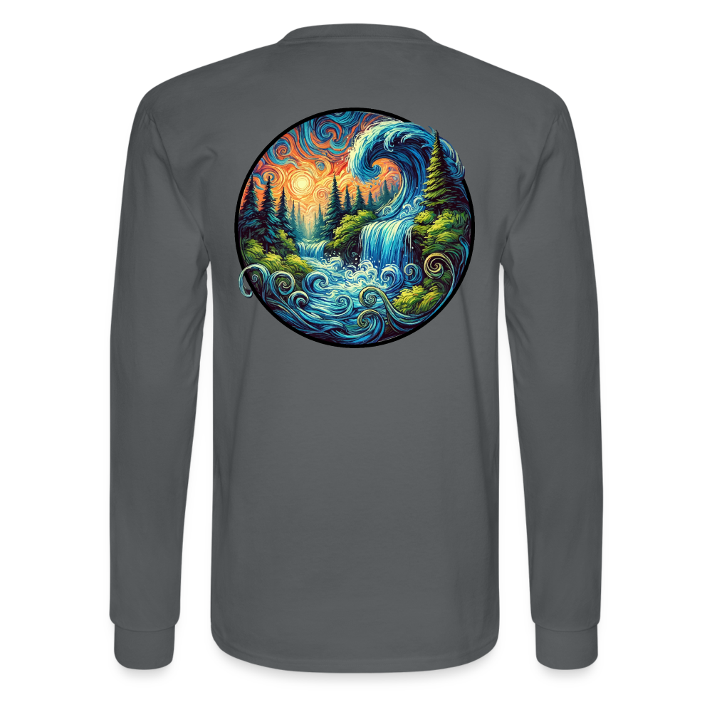 Men's Waterfall Graphic Long Sleeve Shirt with Logo - charcoal